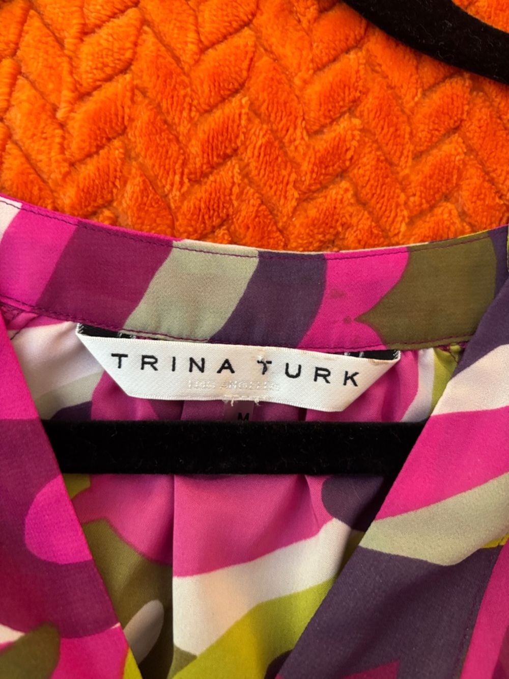 Trina Turk Bold Floral Print Blouse in Fuchsia, Olive & White - Picture 3 of 4